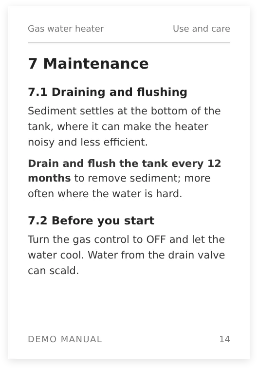 A page from a demo water heater manual, page 14: drain and flush the tank every 12 months to remove sediment, more often where the water is hard.