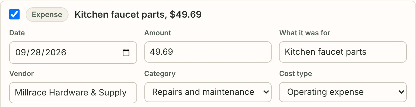A review window like the one a reading opens: one expense, ticked, for kitchen faucet parts, $49.69 on September 28, 2026, from Millrace Hardware and Supply, under Repairs and maintenance.