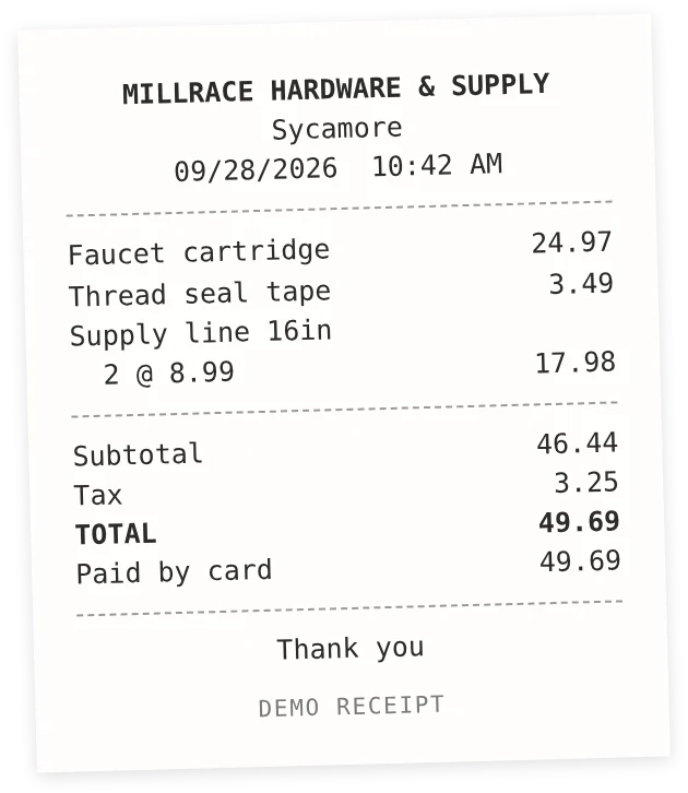 A demo receipt from Millrace Hardware and Supply, dated September 28, 2026: a faucet cartridge, thread seal tape and two supply lines, $49.69 in all.