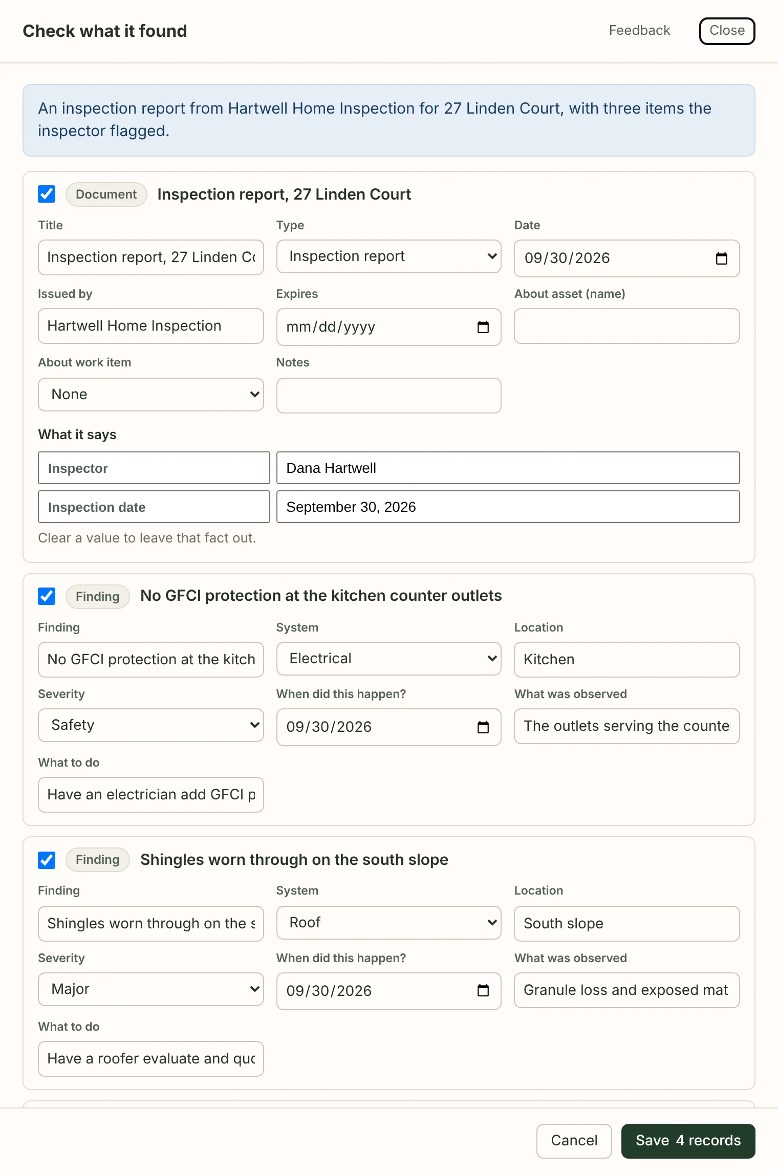The review, Check what it found, for a demo inspection report: a one-line summary; the report as a document, with its title, type, date, the inspection company and what it says, the inspector and the inspection date; then the first two of its three findings, ticked: no GFCI protection at the kitchen counter outlets, electrical, safety, and shingles worn through on the south slope, roof, major, each with where it is, what was observed and what to do; the top of the third below them; Cancel, and Save 4 records.