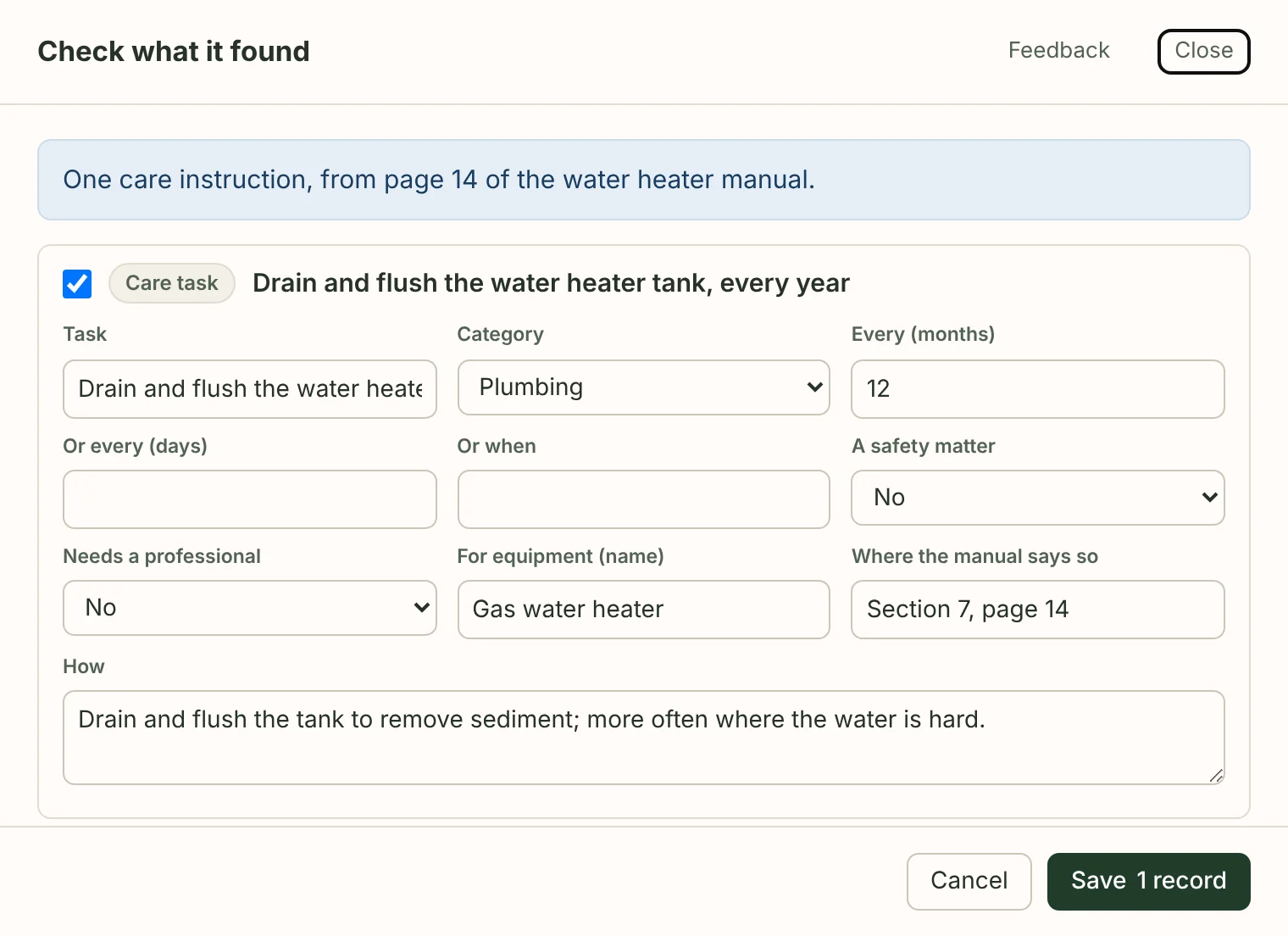 The review: a care task, ticked, Drain and flush the water heater tank, every 12 months, for the gas water heater, where the manual says so: section 7, page 14, with how to do it; Cancel, and Save 1 record.