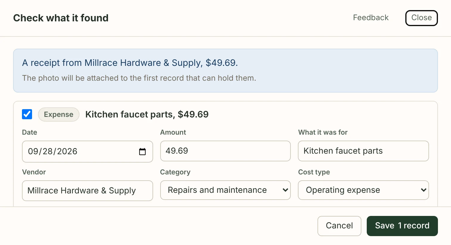 The review, Check what it found: the receipt summed up, then one expense, ticked, for kitchen faucet parts, $49.69 on September 28, 2026, from Millrace Hardware and Supply, under Repairs and maintenance, as an operating expense; Cancel, and Save 1 record.