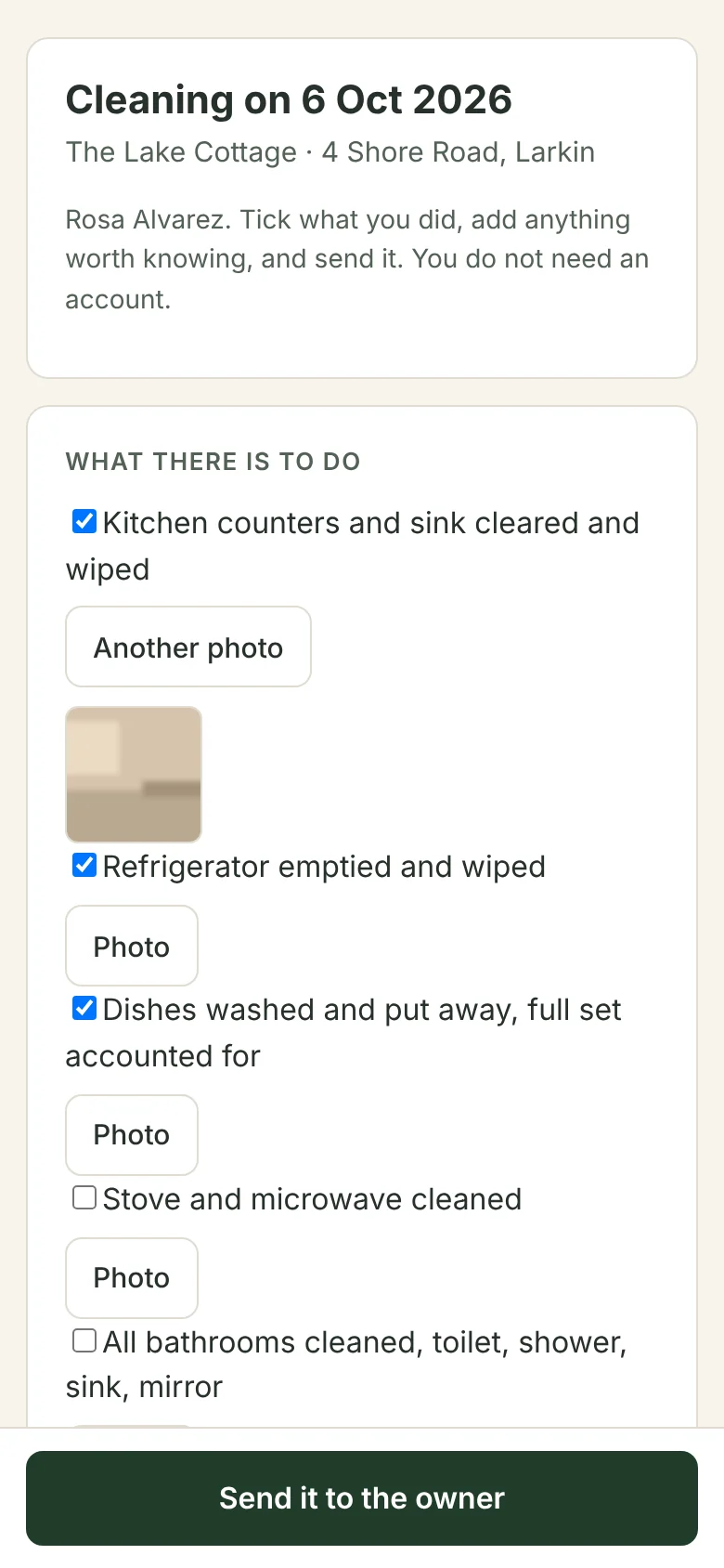 The cleaner's page on a phone, from the link for a demo turnover: the date and the cottage, a line saying no account is needed, and the checklist with its first three lines ticked, a photo under the first and a Photo button under each line, with Send it to the owner at the foot.