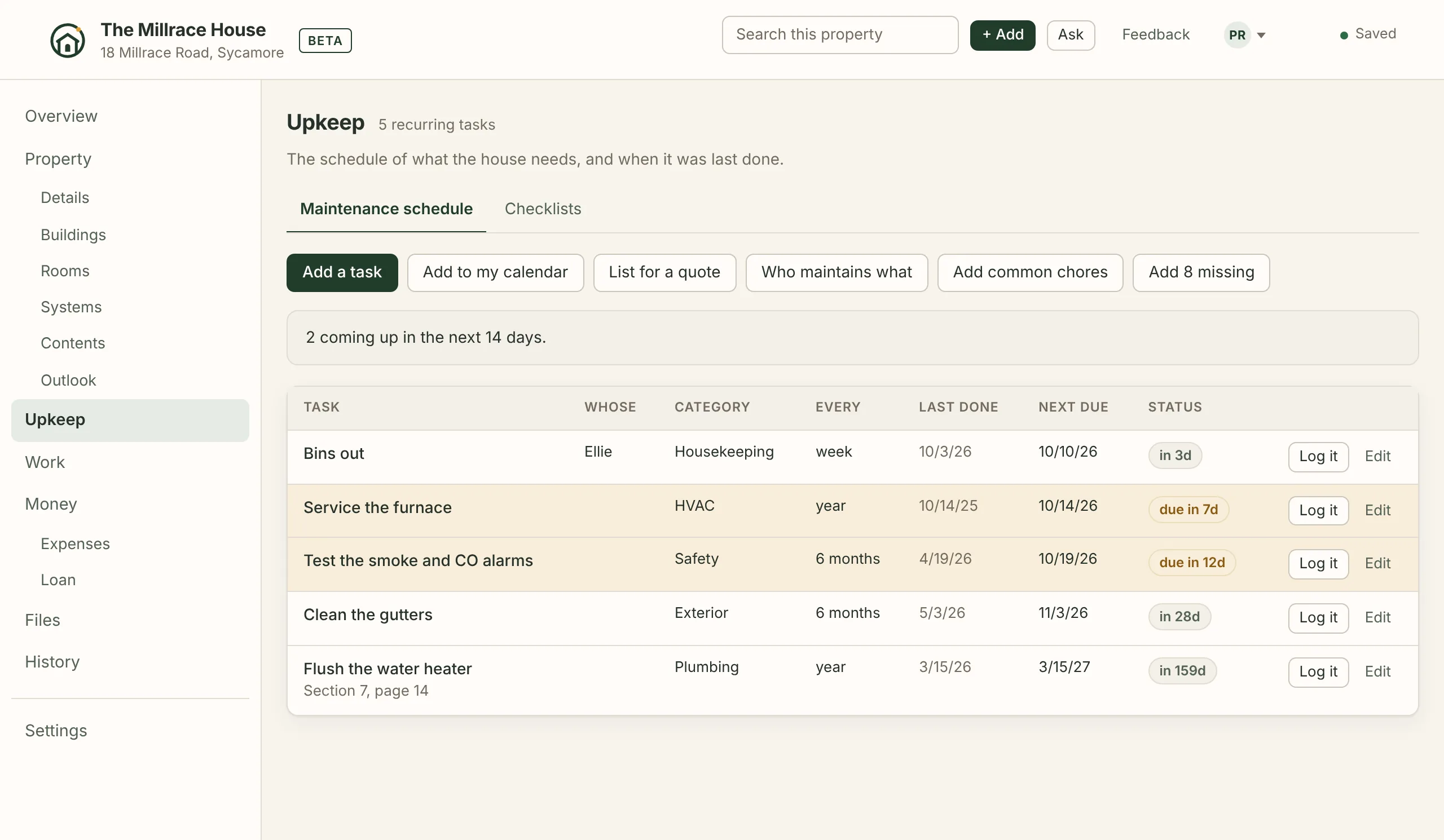 The Upkeep page for a demo house, a place of its own in the list down the left: the maintenance schedule with Add a task, Add to my calendar, List for a quote, Who maintains what and Add common chores; a line saying two tasks come up in the next fourteen days; and five tasks, from Bins out, Ellie's weekly chore, to flushing the water heater each year, from section 7, page 14 of its manual, each with when it was last done, when it is next due, Log it and Edit.