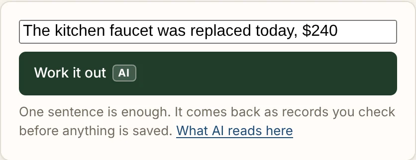 The box on Overview that says What happened, with a sentence typed into it and the Work it out button under it, carrying the AI mark, and the line under them ending What AI reads here.